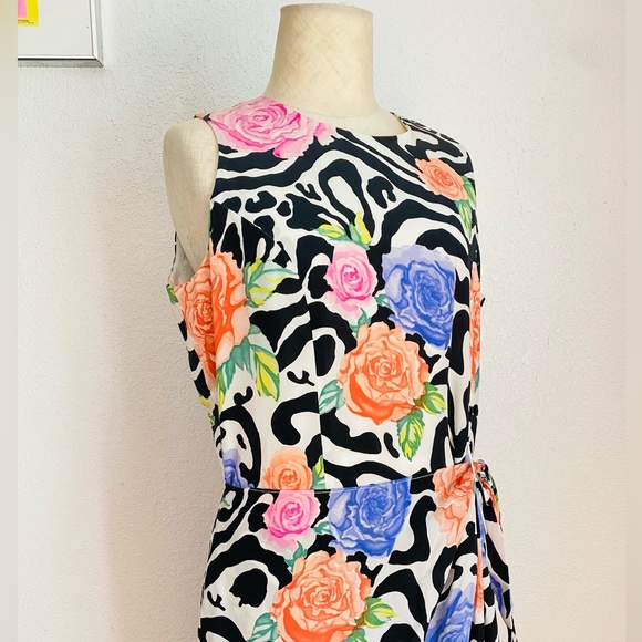 Vintage 90s Maxi Sleeveless Silk Black and White Colorful Floral Pattern Dress - Picture 5 of 16